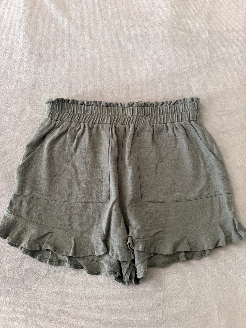 Pink Lily Woven High Waist Ruffle Hem Light Green Shorts- Small